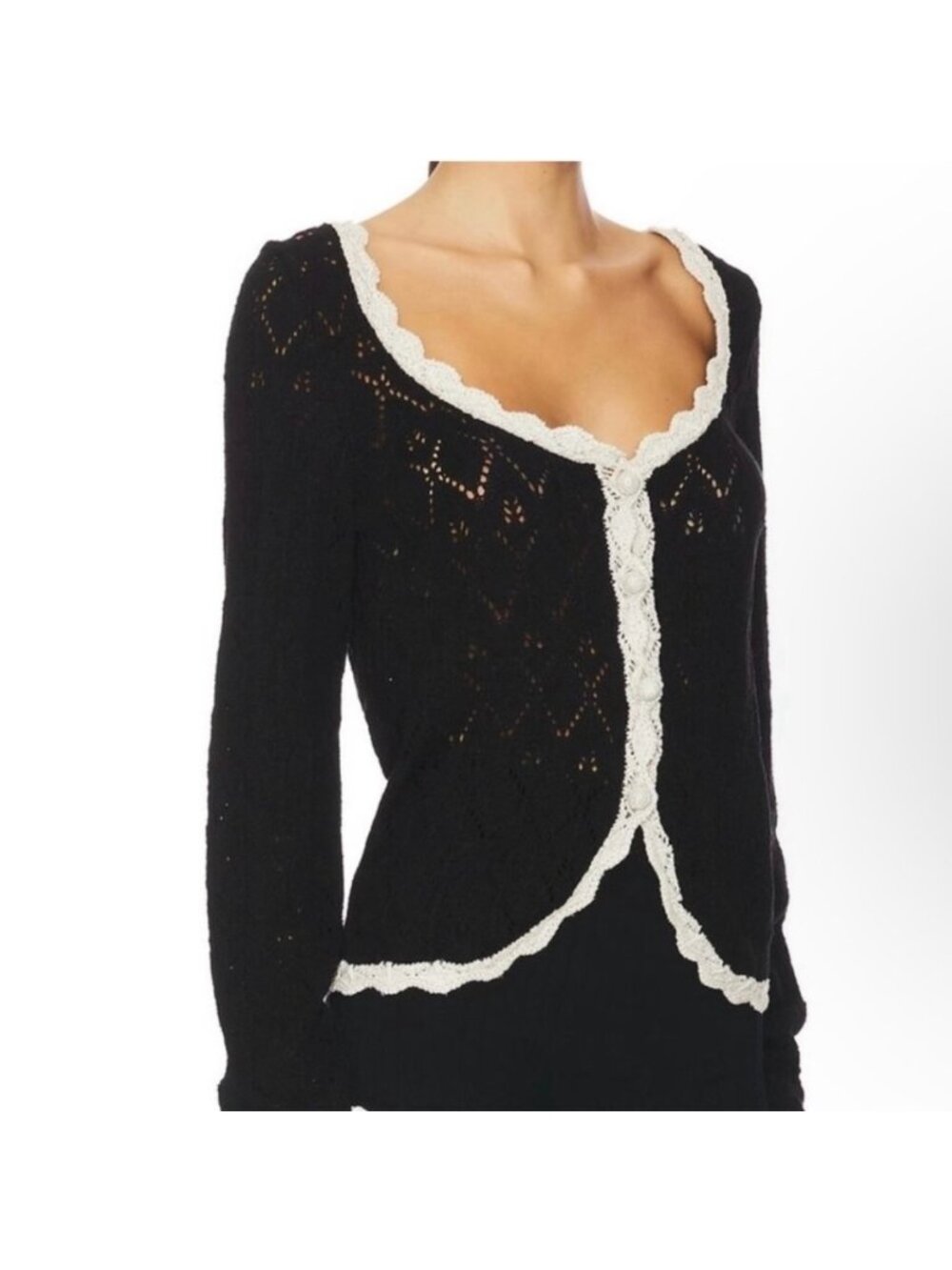 Free People Adelene Crochet Cardigan Sweater Small Black Cream Ruffle Cottage Gr